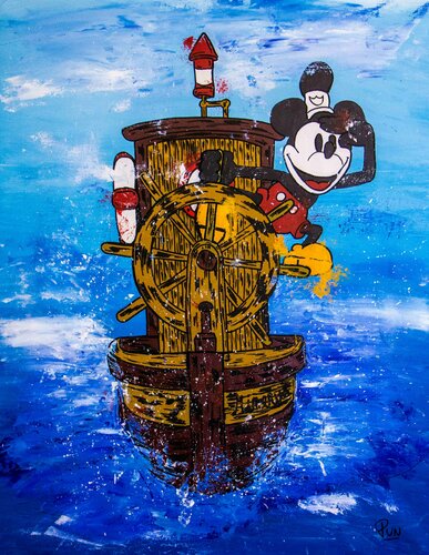 Into a New Adventure with Minerva ft. Old Mickey Mouse Steamboat Willie di Carlos Pun, Pittura in vendita su Singulart