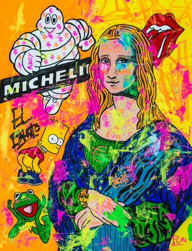 Mona Lisa Pop Art Series ft. El Barto , Michelin , Kermit the Frog, Rolling Stones di Carlos Pun, Pittura in vendita su Singulart