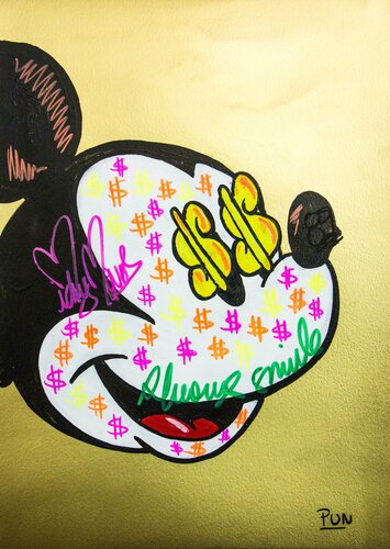 Mickey Mouse on paper Gold spray Background van Carlos Pun, Werk op papier te koop op Singulart