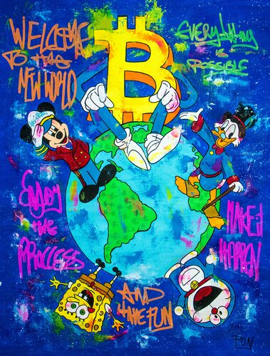 The New World ft. Bitcoin , Mickey , Scrooge , Bob Sponge, Doraemon de Carlos Pun, Pintura a la venta en Singulart