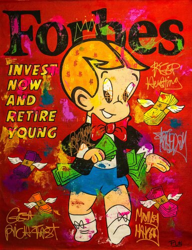 Invest now and retire young ft Richie Rich van Carlos Pun, Schilderij te koop op Singulart