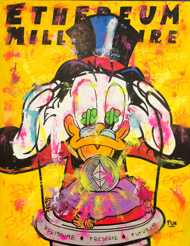 Scrooge Mc Duck in Ethereum Millionaire Day di Carlos Pun, Pittura in vendita su Singulart