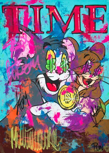 In Bitcoin i trust ft. Tom and Jerry van Carlos Pun, Schilderij te koop op Singulart