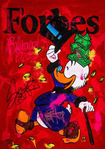 Scrooge McDuck literally thinking about money Forbes Magazine van Carlos Pun, Schilderij te koop op Singulart