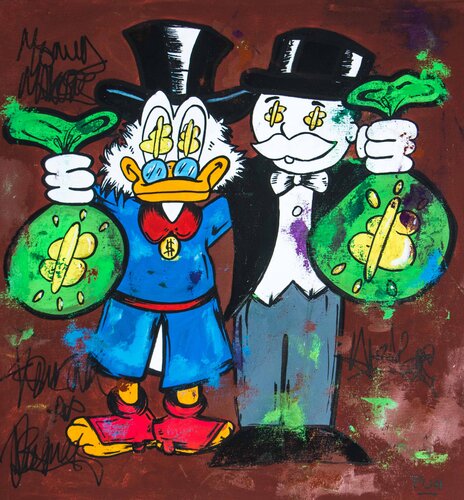 Good friends , good business ft. Monopoly Man Scrooge McDuck di Carlos Pun, Pittura in vendita su Singulart