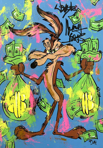 Wile E Coyote money bags di Carlos Pun, Pittura in vendita su Singulart