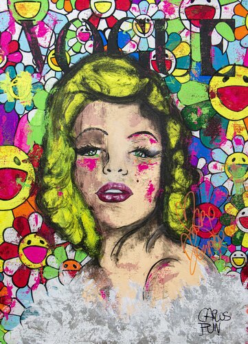 Marilyn Monroe Vogue Magazine portrait with Murakami Flowers Nº 2 by Carlos Pun di Carlos Pun, Pittura in vendita su Singulart