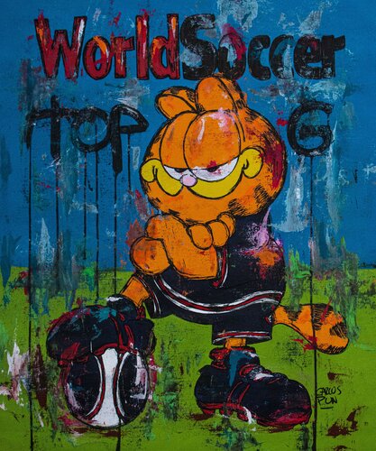 Top G Garfield on World Soccer Magazine von Carlos Pun, Malerei kaufen auf Singulart