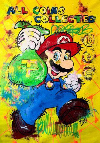 Mario Bros in All Crypto Coins Collected! Bitcoin Ethereum Solana di Carlos Pun, Pittura in vendita su Singulart