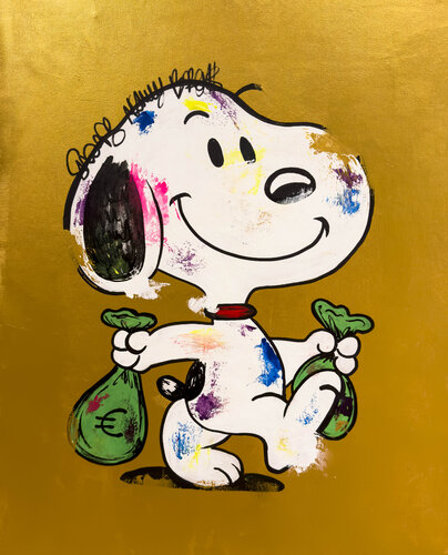 Snoopy walking with Euro Bags gold series di Carlos Pun, Pittura in vendita su Singulart