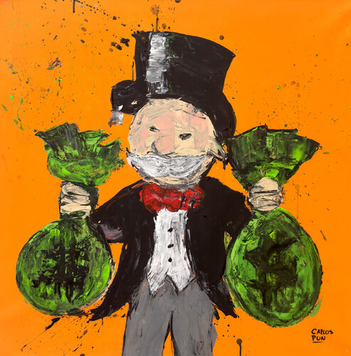 Mr Monopoly over orange abstract expresionism di Carlos Pun, Pittura in vendita su Singulart