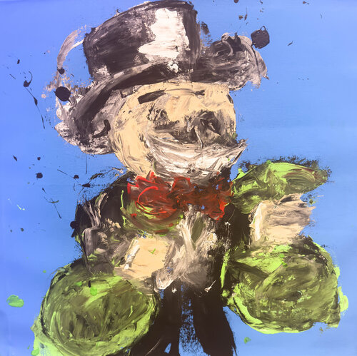 Monopoly man over blue abstract expresionims Carlos Pun