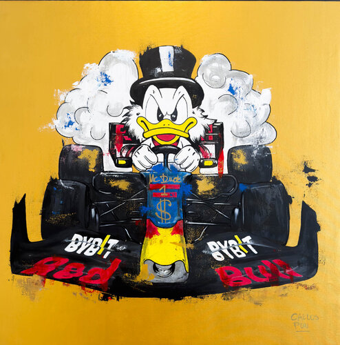 Driven to Success: Scrooge McDuck as Max Verstappen di Carlos Pun, Pittura in vendita su Singulart
