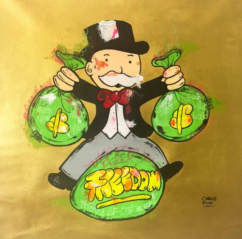 its all about freedom ft mr monopoly - gold acrylic background di Carlos Pun, Pittura in vendita su Singulart