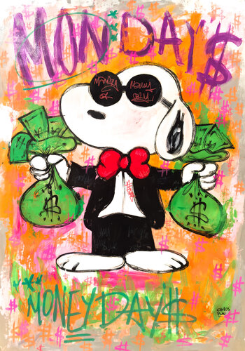 cash in mondays with snoopy money bags di Carlos Pun, Pittura in vendita su Singulart