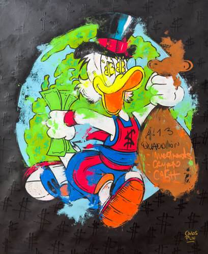 Cash flow marathon feat Scrooge mcduck with dollar eyes - Pop Art Painting van Carlos Pun, Schilderij te koop op Singulart