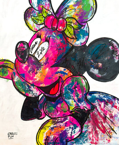 dream life ft. minnie mouse over white di Carlos Pun, Pittura in vendita su Singulart
