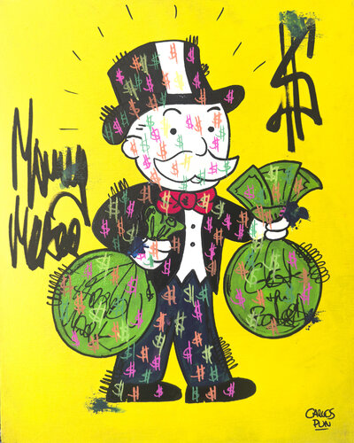 Money maker the classic ft. monopoly man over yellow di Carlos Pun, Pittura in vendita su Singulart