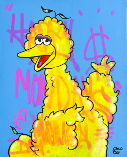 Happy Mondays Money feat big bird Sesame Street di Carlos Pun, Pittura in vendita su Singulart