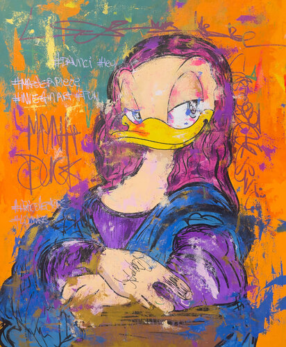Mona Duck portrait by scrooge da vinci - pop art von Carlos Pun, Malerei kaufen auf Singulart