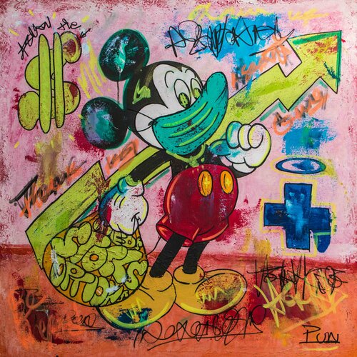 Doing great at stocks crisis times ft. Mickey van Carlos Pun, Schilderij te koop op Singulart