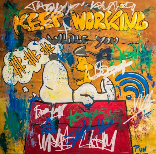Earn money while you Sleep ft. Snoopy van Carlos Pun, Schilderij te koop op Singulart