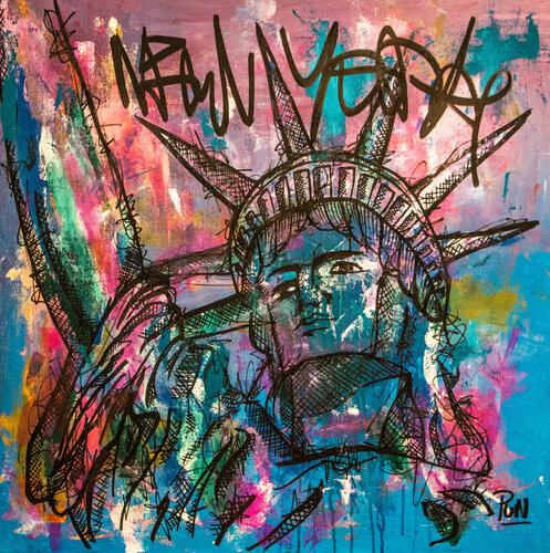 Statue Of Liberty New York Blue Style di Carlos Pun, Pittura in vendita su Singulart