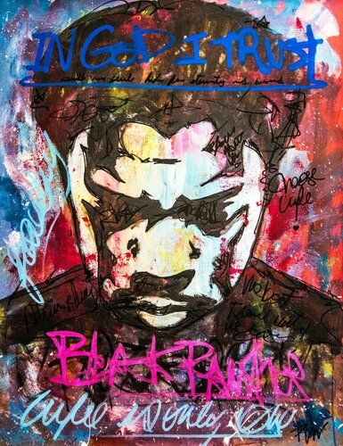 Black Panther Portrait tribute to Chadwick di Carlos Pun, Pittura in vendita su Singulart