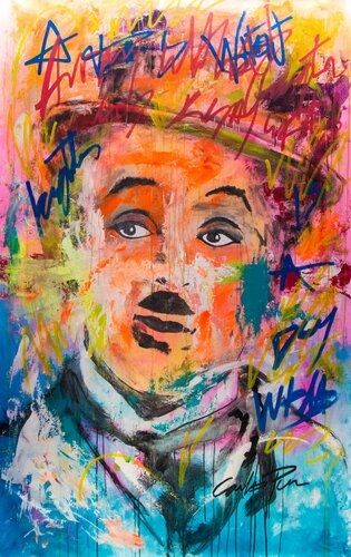 Charles Chaplin Pop Art Neon Portrait van Carlos Pun, Schilderij te koop op Singulart