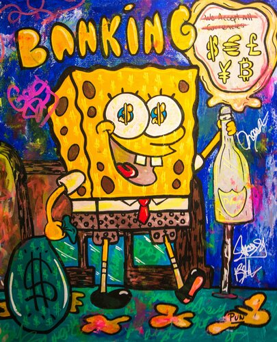 Banking Day ft. Bob Sponge Square Pants di Carlos Pun, Pittura in vendita su Singulart