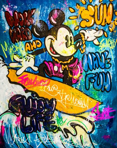 Enjoy Life Surfing ft.  Mickey Mouse van Carlos Pun, Schilderij te koop op Singulart