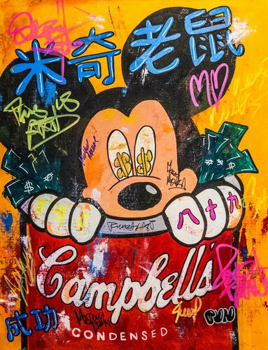 Pop Art Campbells Soup Can ft Mickey Mouse 米奇老鼠 van Carlos Pun, Schilderij te koop op Singulart