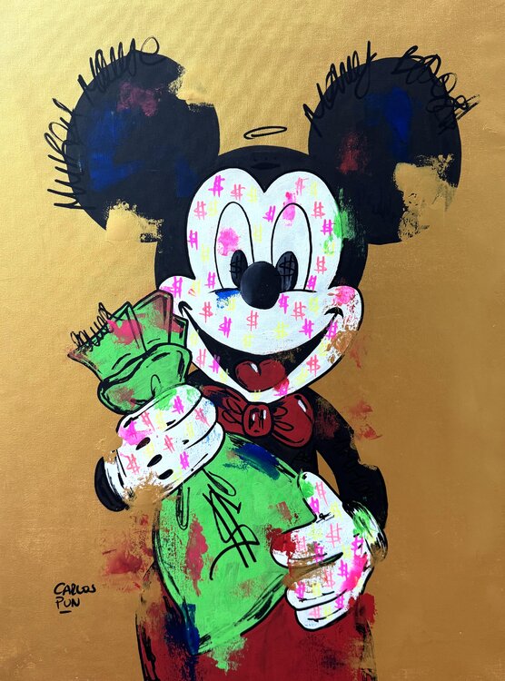 Mickey Mouse front pose holding the bag of money Carlos Pun