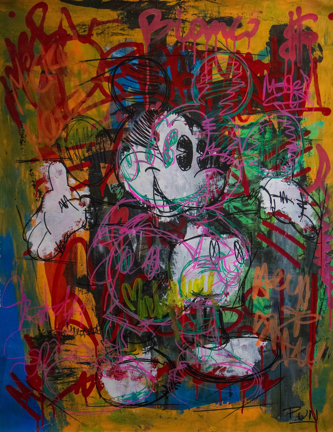 Mickey Mouse Street Art tag in pink, green and black de Carlos Pun (2021):  Pintura Acrílico, Graffiti en Lienzo - Singulart, image size:1158x1500