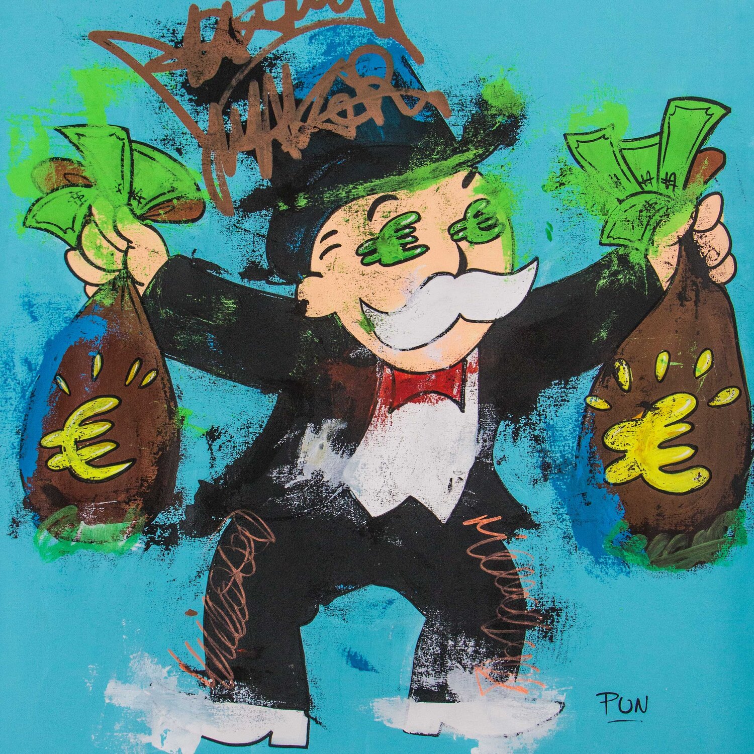 Mr. Monopoly Euro Money Bags Carlos Pun Dipinto originale in vendita