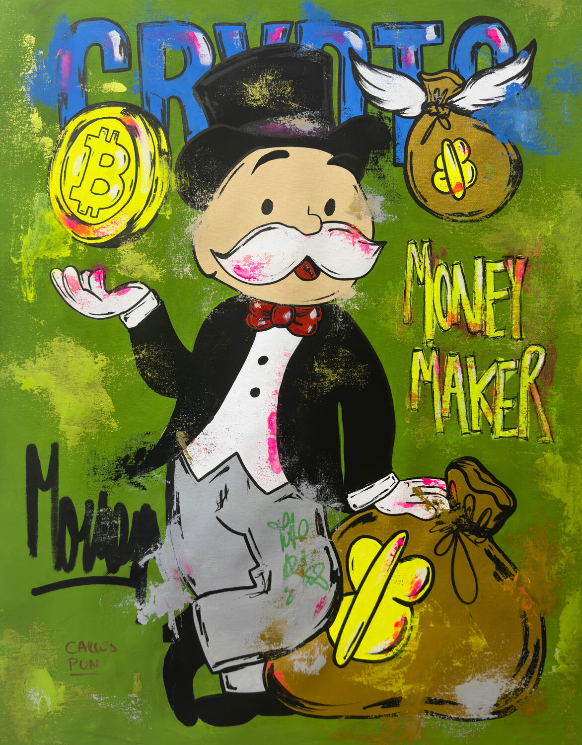 Mr monopoly in crypto magazine cover bitcoin by Carlos Pun (2024) :  Painting Acrylic, Gilding on Canvas - Singulart
