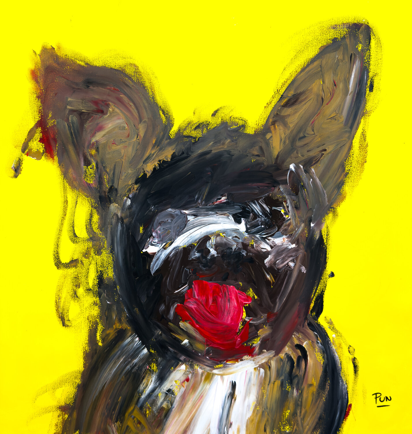 Abstract Expressionism - French Bull dog on yellow Carlos Pun Originalgemälde zu verkaufen
