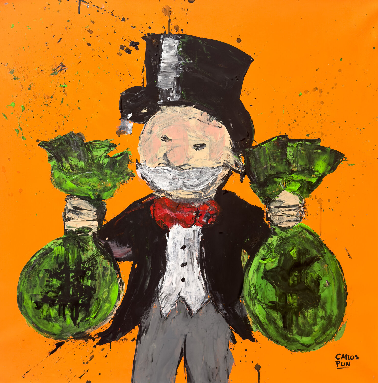 Mr Monopoly over orange abstract expresionism Carlos Pun