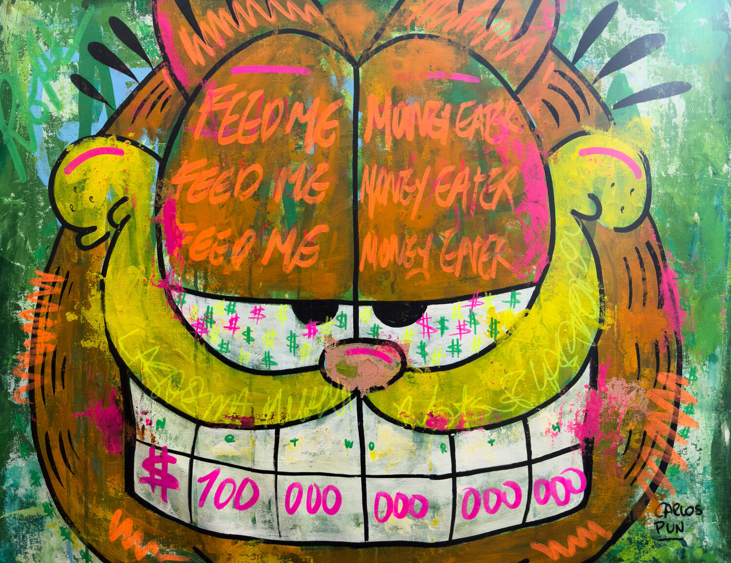 Garfield in "networth 1 hundred trillion dollars" Carlos Pun Originalgemälde zu verkaufen
