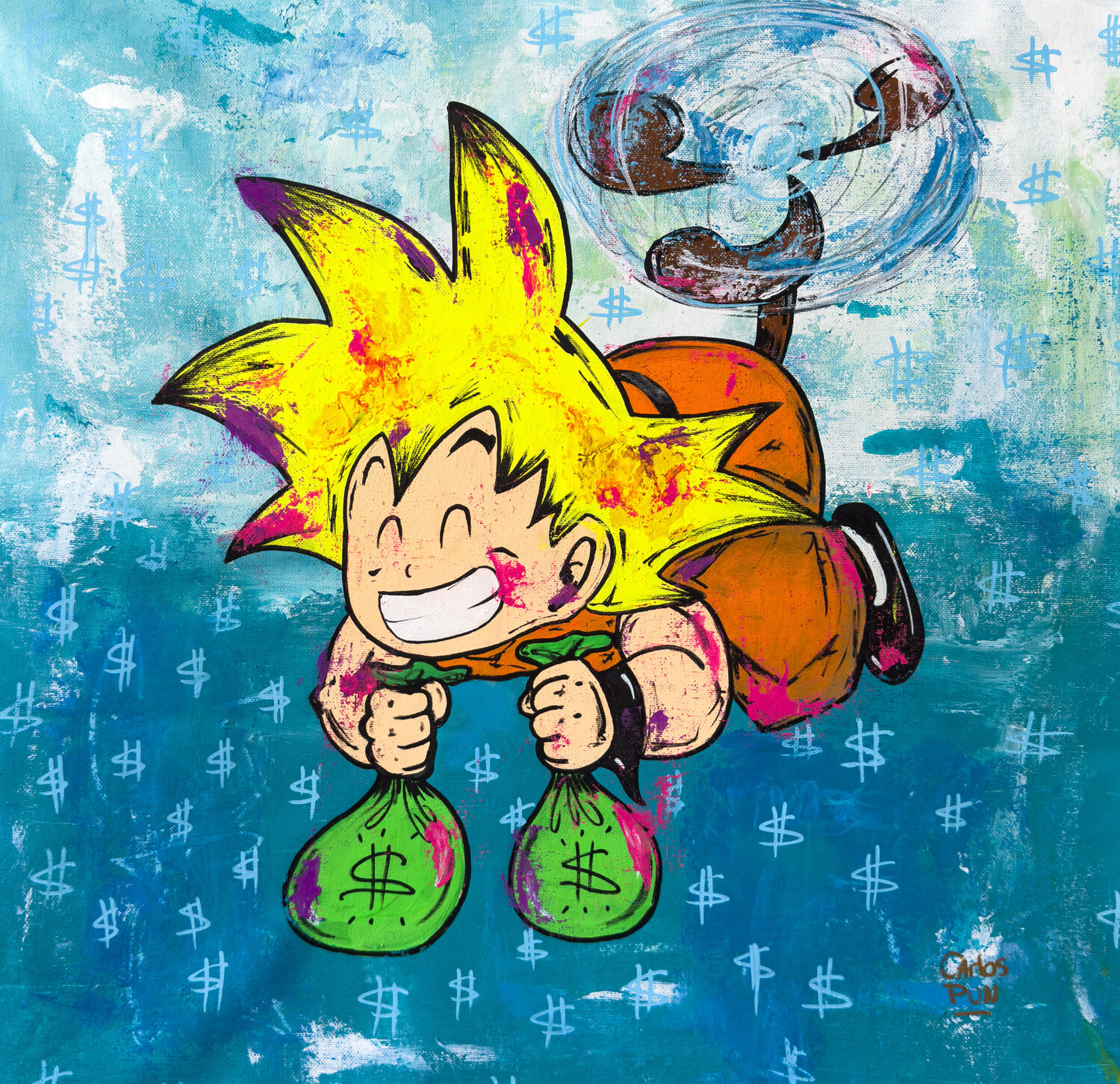 Goku Sayayin finding the money bags Carlos Pun Dipinto originale in vendita