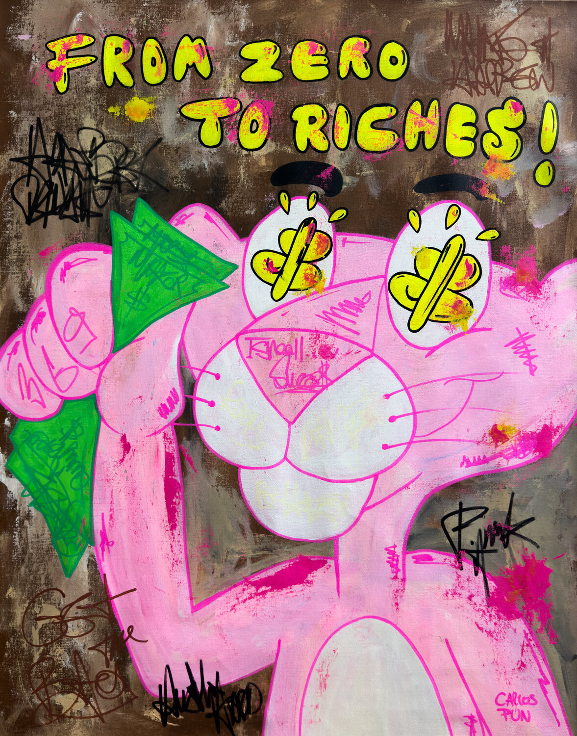From Zero to riches ! feat pink Panther Dollar eyes Pose Carlos Pun Originalgemälde zu verkaufen