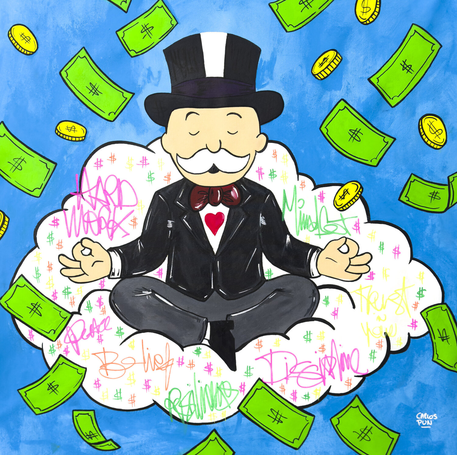 The Discipline of Wealth mr monopoly - meditation on clouds Carlos Pun Originalgemälde zu verkaufen