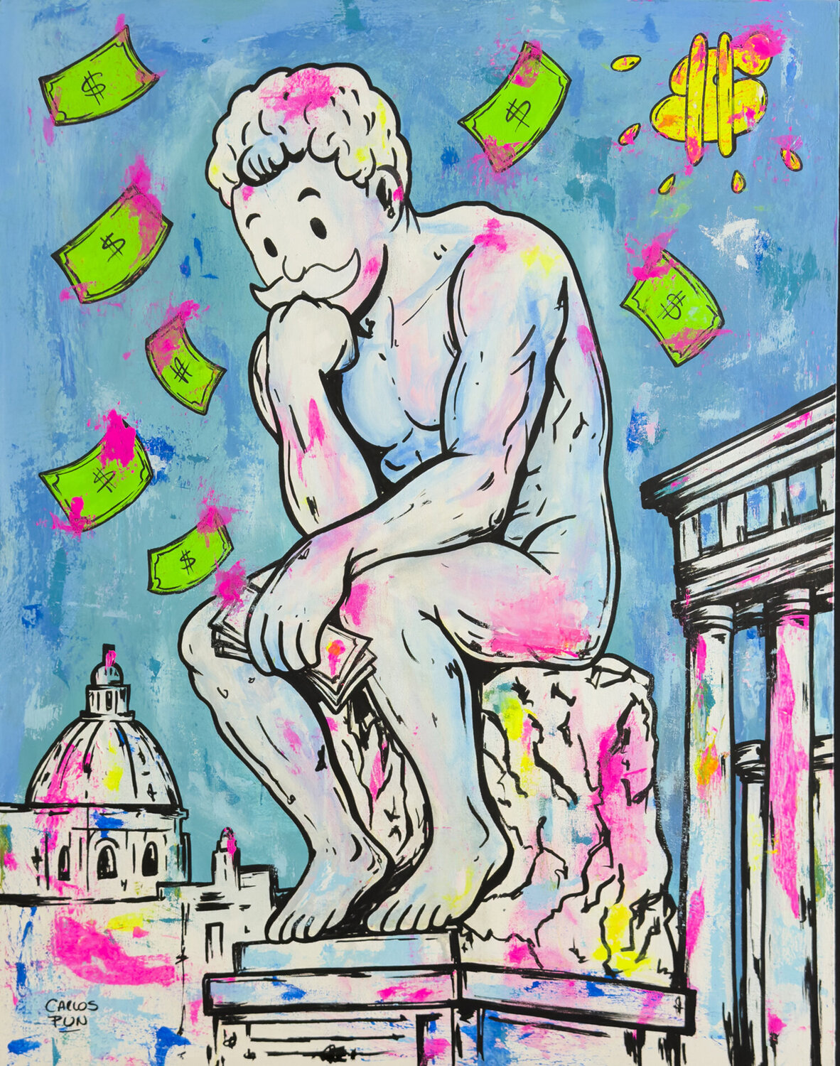 The thinker feat monopoly man Carlos Pun Original painting for sale