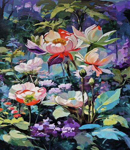 Whispers of petals in the shadow of the forest par Daniel Bulimar Henciu, Peinture en vente sur Singulart