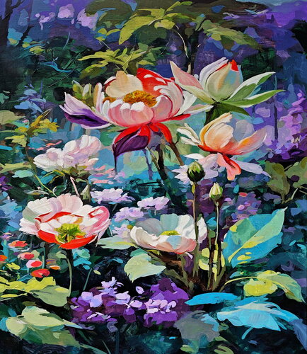 Whispers of petals in the shadow of the forest par Daniel Bulimar Henciu, Peinture en vente sur Singulart