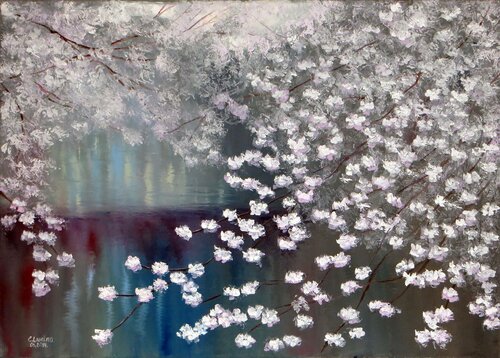 Wonderful garden beside the pond van Elena Lukina, Schilderij te koop op Singulart