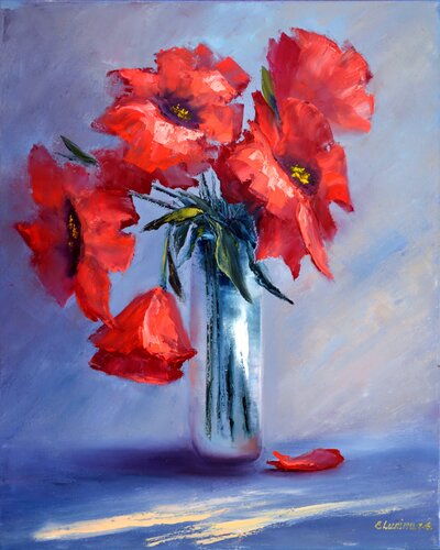 Red poppies on blue di Elena Lukina, Pittura in vendita su Singulart
