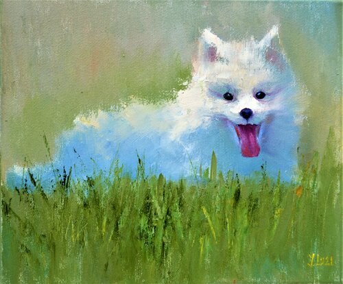Japanese Spitz puppy van Elena Lukina, Schilderij te koop op Singulart