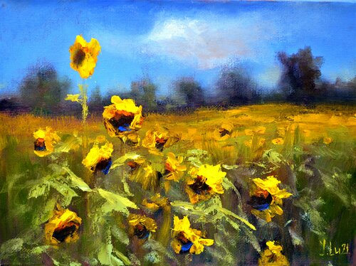 Sunflowers field 3D di Elena Lukina, Pittura in vendita su Singulart