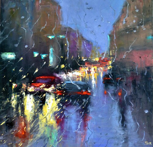 Evening lights of the rainy city di Elena Lukina, Pittura in vendita su Singulart